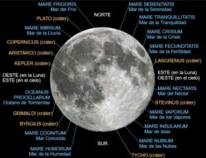 mapa de la luna con telescopio nombres español cráteres mares