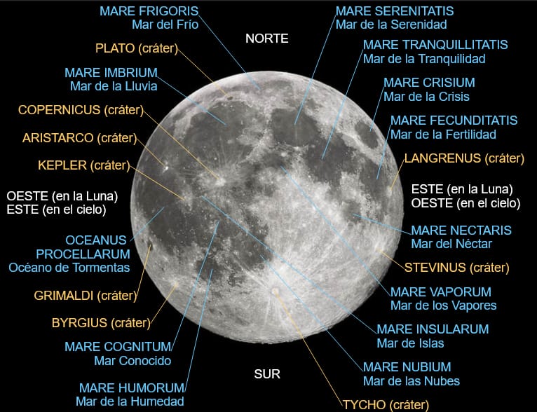mapa de la luna con telescopio nombres español cráteres mares lunares