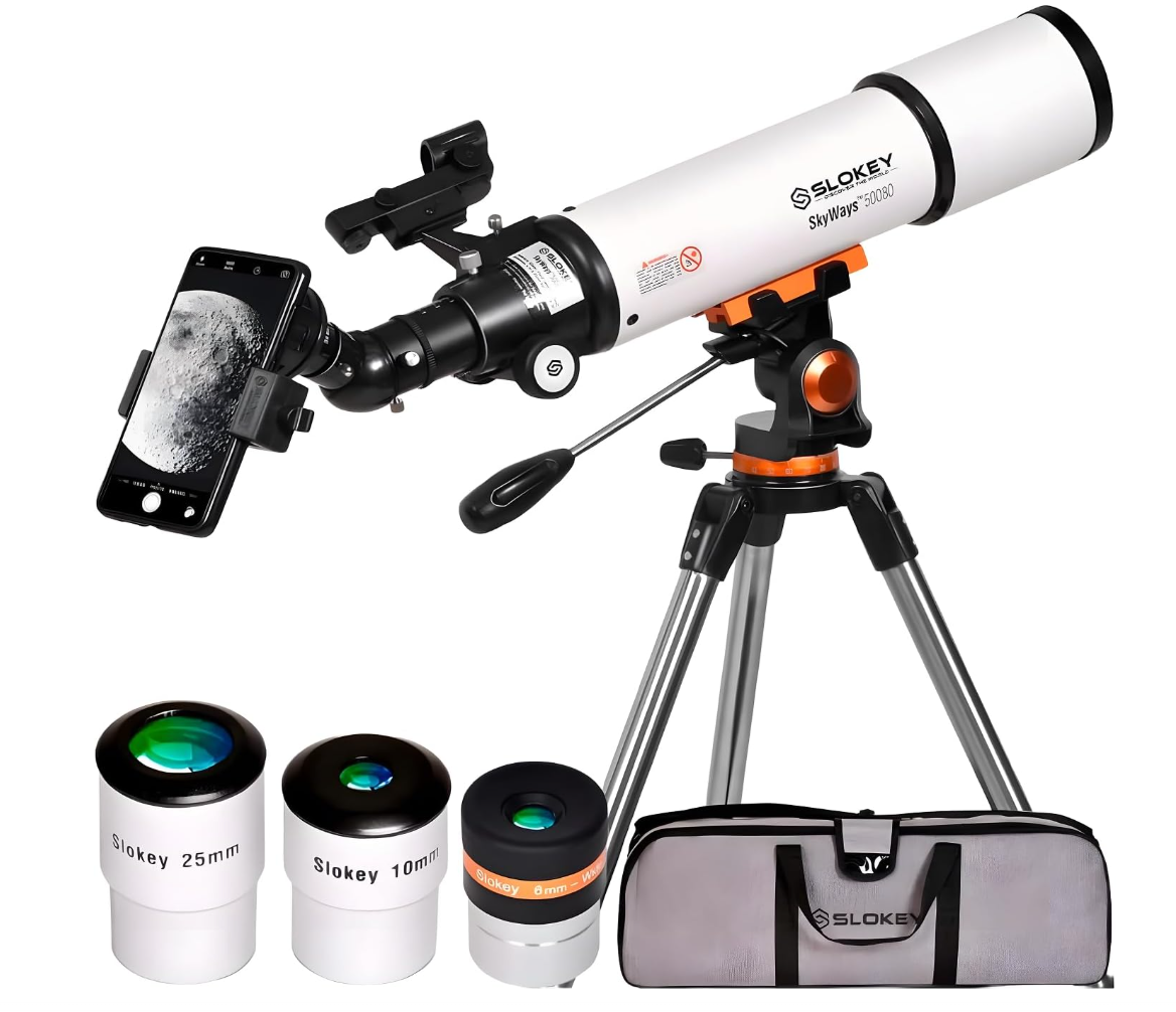 Slokey 50080 telescopio refractor 80mm económico principiantes óptica FMC trípode acero